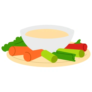 A white bowl filled with creamy anchovy dip sits at the center of the image. The dip has a smooth texture with a pale beige color. Surrounding the bowl are vibrant vegetable sticks, including crunchy orange carrots, bright green celery, and deep red bell peppers. Each vegetable stick is cut into uniform lengths, showcasing their fresh and crisp appearance. The bowl is placed on a light wooden platter, enhancing the colorful display of the vegetables.