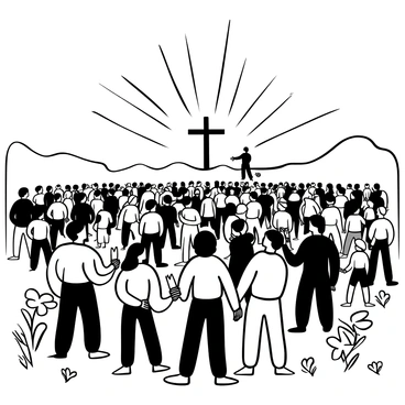 A serene scene of a sunrise Easter mass service held outdoors with people gathered