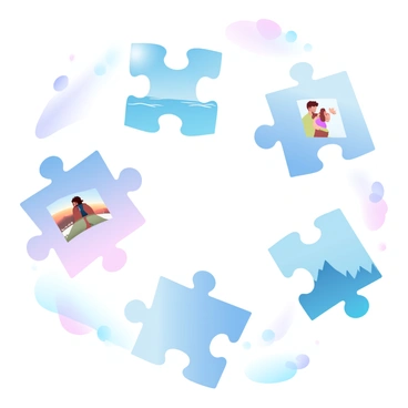 A series of puzzle pieces in various shades of color are floating in the air. Each puzzle piece has a different image displayed on its surface, representing distinct memories, such as a beach sunset, a family gathering, a cozy home, and a scenic mountain view. The background is filled with soft, gradient pastel colors that blend seamlessly, enhancing the dreamlike quality of the scene. The puzzle pieces are suspended at different angles, creating a dynamic and whimsical composition.