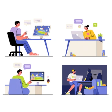 A group of four friends connected online, each sitting at their individual gaming setups in different rooms. One friend has a black gaming chair and is wearing headphones, focused on a colorful screen displaying a fantasy landscape. Another friend is at a sleek white desk with LED lights illuminating a gaming monitor showing a spaceship. The third friend is in a cozy room, surrounded by posters and figurines, with a laptop open displaying a chat interface. The last friend sits in a dimly lit room, illuminated by a large monitor showing a multiplayer game, with snacks scattered around. Each friend is engaged in lively conversation, shown through speech bubbles with their usernames.