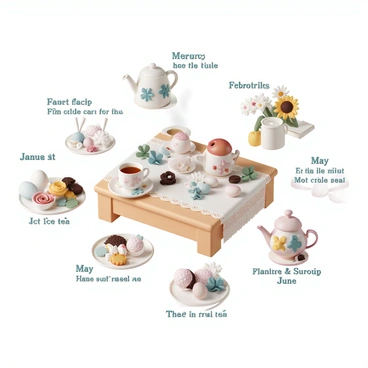 A cozy tea setting on a small wooden table, adorned with a delicate lace tablecloth. For January, a steaming cup of spiced tea sits beside a small plate of gingerbread cookies, with snowflakes and pinecones as decorations. In February, a heart-shaped teapot and two matching cups are surrounded by red roses and chocolates. For March, a pastel-colored teacup filled with mint tea is placed next to a bowl of fresh fruit, with green clovers and daffodils adding a touch of spring. In April, a floral-patterned teapot offers a variety of herbal teas, surrounded by soft pastel-colored eggs and blooming tulips. For May, a fresh fruit tart complements a refreshing iced tea served in a mason jar, with vibrant flowers in full bloom. In June, a bright lemon tea is presented beside an assortment of summer berries and a small jug of cream, with sunflowers adding warmth to the scene. Each month features unique elements that reflect the changing seasons.
