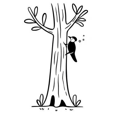 A woodpecker in mid-action pecking on the trunk of a tall tree. The tree trunk has a rough texture, with deep grooves and knots visible on its surface. The woodpecker is shown in profile, with its wings slightly spread and its body angled towards the trunk. Small pieces of bark are flying off as it pecks. The surrounding area consists of leafy branches extending from the tree, and a few scattered twigs on the ground below.