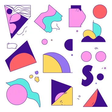 A collection of abstract patterns featuring various colorful shapes is arranged on a white background. The shapes include vibrant triangles, circles, and wavy lines, each in a unique layout. Among the patterns, some shapes are overlapping, creating a sense of depth. The color palette consists of contrasting hues that enhance the visual dynamics of the composition. Each shape is distinctly defined, contributing to a lively and energetic feel across the entire image.