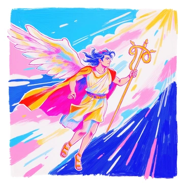 A mythical scene depicts "Mercury," the Roman god, in swift motion as he delivers a message. He is wearing a flowing tunic and winged sandals, with his caduceus in hand, featuring two entwined serpents. His hair is styled in a windswept manner, accentuating his speed. The background includes fluffy clouds and a radiant sky, creating a sense of elevation and movement. Around him, faint trails of light suggest his rapid travel. The expression on his face conveys focus and determination as he carries out his divine task.