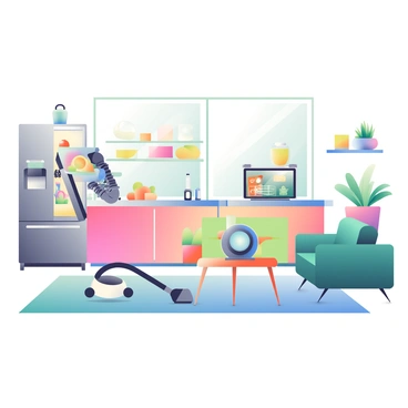 A modern intelligent home is depicted with various AI-controlled appliances in action. In the kitchen, a sleek silver refrigerator is opening its door while a robotic arm is reaching for a container on the shelf. A smart oven with a digital display is preheating, its light glowing warmly. In the living room, a smart speaker with a circular design sits on a coffee table, emitting a soft blue light, while a robotic vacuum is gliding across the floor, efficiently cleaning the carpet. Large windows allow natural light to flood the space, highlighting the contemporary furniture and fresh indoor plants. The atmosphere is vibrant and full of activity as each appliance coordinates seamlessly in this high-tech environment.