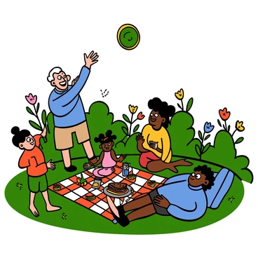 A multigenerational family is gathered in a vibrant garden, enjoying a sunny day. In the foreground, a light-skinned young boy with big eyes is happily throwing a colorful frisbee towards his dark-skinned grandfather, who is laughing and preparing to catch it. The grandfather has white hair and is wearing a blue shirt and beige shorts. Nearby, a light-skinned woman with big eyes and curly hair is setting up a picnic spread on a checkered blanket, which is filled with sandwiches, fruits, and drinks. A dark-skinned girl with big eyes is sitting on the blanket, playfully reaching for a sandwich while a light-skinned man with big eyes is lying back, relaxing on the grass. The garden is filled with lush green grass and blooming flowers, creating a lively atmosphere.