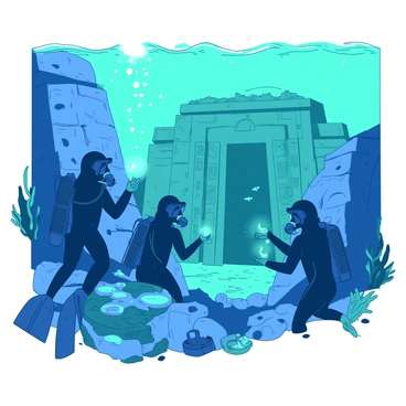 A group of divers in sleek black wetsuits is exploring ancient underwater ruins covered in coral and marine life. One diver holds a glowing orb, illuminating intricate carvings on a stone wall. Another diver is examining a series of puzzle-like mechanisms embedded in the ruins. In the background, a grand sunken gate looms, partially obscured by seaweed and fish. Bubbles rise as the divers communicate through hand signals, focused on the task of activating the gate. The water is a mix of blue and teal, casting a shimmering light on the scene.