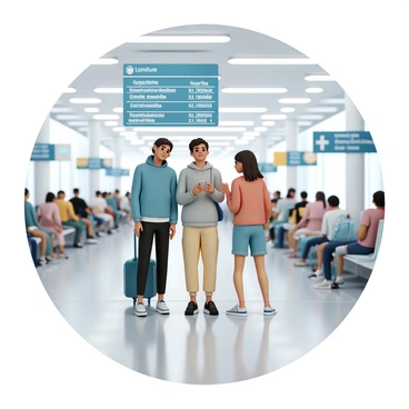 Travelers waiting in an airport terminal, looking at departure screens and chatting with friends.