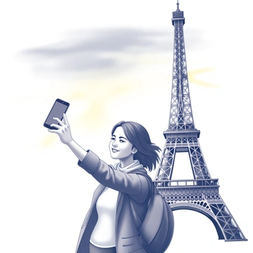 A traveler stands in front of the Eiffel Tower, holding a smartphone at arm's length to capture a selfie. The Eiffel Tower looms majestically in the background, showcasing its iconic lattice structure. The sky above is filled with a range of colors as the sun sets, creating a breathtaking backdrop. The traveler is smiling, wearing a casual outfit, with gently tousled hair blowing in the breeze. The scene captures the joyful moment of exploration and adventure in a famous location.