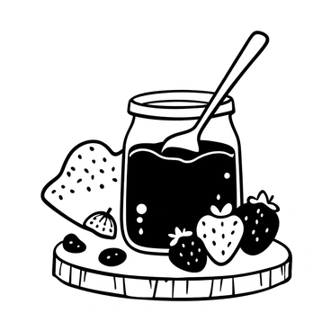 A jar of homemade strawberry jam sits on a wooden table, the lid slightly ajar. A spoon rests inside the jar, partially submerged in the thick, glossy jam. A few strawberries are scattered around the jar, some whole and some cut in half, showcasing their juicy insides. A delicate drop of jam glistens on the edge of the spoon, while the texture of the wooden table contrasts with the smooth surface of the glass jar.