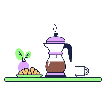 A breakfast table is set with a green tablecloth. In the center, there is a French press filled with freshly brewed coffee, with steam rising from the spout. Next to the French press, there are two golden-brown croissants placed on a small green plate. A white cup is positioned to the right of the French press, ready to be filled with coffee. In the background, there's a small vase holding a couple of bright green leaves, adding a fresh touch to the scene.