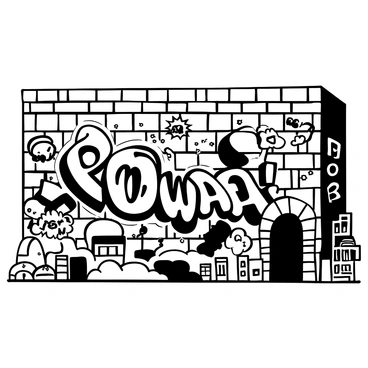A large brick wall covered with intricate graffiti art, featuring a dynamic comic book scene. Bold, thick lines outline various superhero characters in action poses. The background contains speech bubbles with the words "Pow!" and "Bam!" in stylized lettering. Different elements of the mural, such as buildings and clouds, are scattered around, adding depth to the scene. The vibrant colors of the graffiti create a striking contrast against the dark texture of the brick wall.