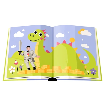 A children's fairytale book opened to a page featuring a vibrant illustration. The page shows a large, friendly green dragon with big, sparkling eyes and colorful scales, sitting on a pile of gold coins. In front of the dragon stands a brave knight clad in shiny silver armor, holding a sword held high with a confident expression. The background is filled with a whimsical landscape of rolling hills and a bright blue sky dotted with fluffy white clouds. Colorful flowers bloom around the scene, adding a cheerful touch to the fairytale environment.