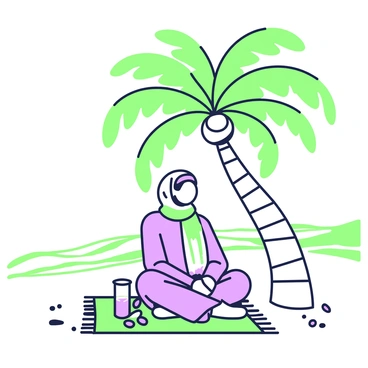 A nomadic desert dweller is sitting on a woven mat beneath the shade of a date palm tree. The individual is wearing loose, flowing clothing suitable for the desert environment, with a headscarf that protects against the sun. The palm tree's fronds create a dappled light effect on the ground. In the background, there are ripples of sand dunes stretching towards the horizon. A small container of water and a few dates are placed beside the dweller, adding a touch of detail to the scene. The atmosphere is tranquil, embodying a moment of rest in the vast desert landscape.