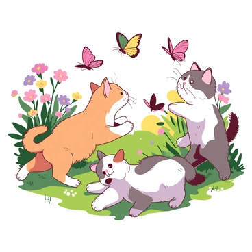 A group of four playful kittens with fluffy fur is energetically chasing colorful butterflies in a sunny garden. The kittens are varied in color, with two orange, one white, and one gray. The butterflies, with vibrant wings, flutter above them, creating a lively scene. The garden is filled with blooming flowers in various colors, and the sun casts warm light, illuminating the green grass beneath the kittens' paws. One kitten leaps into the air, while another crouches, ready to pounce. The atmosphere is filled with excitement and joy as the kittens interact with the fluttering butterflies.