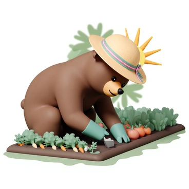 A large bear, with thick brown fur, is kneeling in a vibrant vegetable garden. It is wearing a wide-brimmed straw sunhat adorned with a colorful ribbon. The bear has green gardening gloves on its paws. Around it are rows of various vegetables, including bright orange carrots, leafy greens, and plump tomatoes. The bear is gently digging in the soil with a small spade, looking focused and content. Sunlight filters through the trees above, casting a warm glow over the scene.