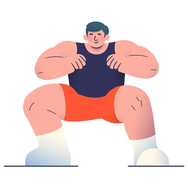 A person with short black hair is performing a sumo squat. They are wearing a fitted black tank top and bright red workout shorts. Their feet are positioned wide apart and their knees are bent at an angle, showcasing the strength and form of the pose. The person has a focused expression on their face, and their arms are extended in front for balance. The background features light shading to suggest depth, enhancing the focus on the individual. The sketch captures the muscular definition in their legs and arms, highlighting the intensity of the workout.