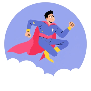 Cristiano Ronaldo depicted as an anime-style superhero. He is wearing a vibrant blue and red costume with a flowing cape that billows behind him. His hair is styled in a dynamic manner, emphasizing his movement as he soars through a bright blue sky. The superhero is striking a powerful pose, with one fist raised in determination. The clouds below him are fluffy and white, contrasting with the vivid colors of his costume. His expression is focused and heroic, embodying the essence of a champion.