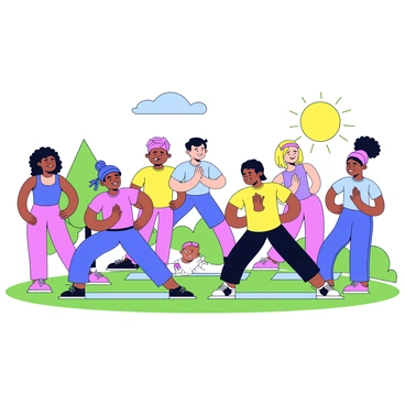 A diverse group of people is performing the "thread-the-needle" stretch. The individuals vary in age, ethnicity, and body types, showcasing inclusivity. They are all wearing comfortable athletic clothing. The scene is set in a lively park, with green grass beneath them and a few scattered trees in the background. The sun is shining brightly, casting soft shadows on the ground. Some participants are smiling, and others have focused expressions as they engage in the stretch. A yoga instructor can be seen in the foreground, guiding the group with an encouraging demeanor.