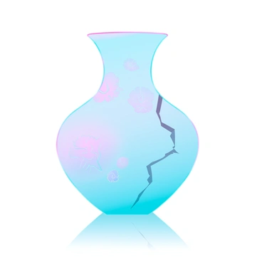 A delicate porcelain vase with intricate floral patterns painted in soft colors. The vase has a graceful, curvaceous shape and a glossy finish that catches the light. A visible crack runs down its side, slightly disrupting the overall smooth surface. The vase is placed on a reflective surface that enhances its elegance, with subtle shadows cast beneath it.