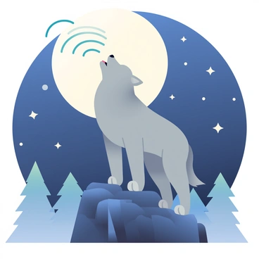 A lone wolf with gray fur is standing on a rocky outcrop, howling at a large, bright moon in the night sky. The moon is full, casting a soft glow that illuminates the surroundings. Sound waves are visibly emanating from the wolf in curved lines, traveling through the night air. The background features a dark blue sky filled with scattered stars, while the silhouette of pine trees can be seen at the edges of the scene. The wolf's posture is strong, with its head tilted back, emphasizing the action of howling.