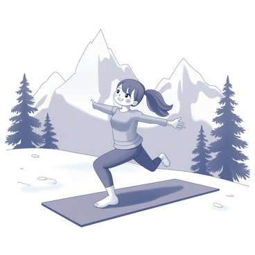 A cartoon girl is performing a yoga pose on a yoga mat. She is positioned in a warrior stance, with her arms extended and one leg bent forward. The background features a snowy mountain landscape, with tall, rugged peaks capped with snow. The ground is blanketed in a thick layer of white snow, and there are a few pine trees scattered around, their branches heavy with snow. The sky above is clear, providing a bright contrast to the white scenery. The girl has a cheerful expression, and her hair is styled in a ponytail. She is wearing a snug yoga outfit suitable for the cold environment.