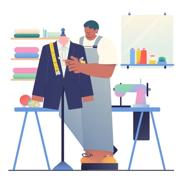 A tailor with light brown skin and short black hair is focused on adjusting a dark navy suit on a mannequin in a well-lit workshop. The tailor is wearing a white shirt and gray pants, with a measuring tape draped around his neck. He is carefully pinning the fabric to ensure a perfect fit, using a pair of scissors in his right hand and a pin cushion with colorful pins on the table nearby. The workshop features wooden shelves filled with various fabrics in different colors, and a sewing machine is positioned to the side, along with spools of thread neatly organized in a rack.