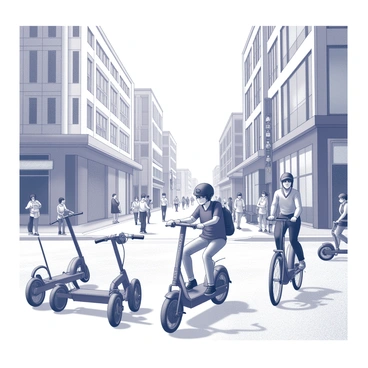 A busy city street filled with electric scooters and bikes. Several electric scooters are parked alongside the curb, showcasing their sleek designs. In the foreground, a person is riding an electric bicycle, wearing a helmet and a backpack. The street is lined with modern buildings, featuring large glass windows and contemporary architecture. Pedestrians walk along the sidewalks, some looking at their phones, while others engage in conversations. Traffic lights and street signs are visible, indicating a vibrant urban environment.