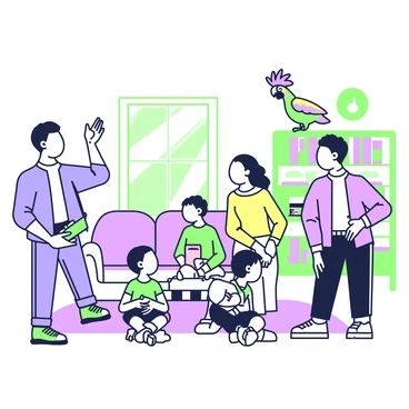 A family is gathered in their living room, looking startled. The parents are standing up from their chairs with wide eyes and open mouths. The father has short hair and is wearing a blue shirt, while the mother has long hair tied back and is wearing a yellow blouse. Two children, a boy and a girl, are sitting on the floor, looking towards the source of the sound. The boy is holding a toy car, and the girl has a stuffed animal in her lap. In the background, a parrot is perched on the edge of a bookshelf, squawking loudly with its colorful feathers ruffled. The room features a cozy couch and a coffee table with magazines, while sunlight streams in through the window, illuminating the scene.