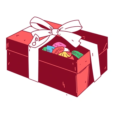 A duotone gift box in red is beautifully wrapped with a shiny white ribbon and bow. The box is slightly tilted, revealing a glimpse of the assortment of colorful guitar picks inside. Each guitar pick features different designs and colors, creating an appealing display. Attached to the ribbon is a small tag shaped like a music note in white, elegantly hanging from the bow. The background is softly blurred to keep the focus on the gift box and its contents.