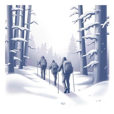 A group of hikers is trekking through a snowy forest. Tall trees covered in snow frame the path, their branches heavy with white. The hikers wear winter gear, including jackets, hats, and boots, as they navigate the soft, powdery snow beneath their feet. Snowflakes are gently falling from the sky, creating a delicate layer on the ground and accumulating on the hikers' gear as they move. The atmosphere captures the tranquility of a winter landscape, filled with the beauty of nature.