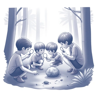 A group of four children is engaged in an exploration within a dense forest. Each child holds a magnifying glass, peering closely at the ground and nearby plant life in search of insects and critters. The children consist of two boys and two girls, with various hairstyles and clothing. One child crouches down, intently examining a patch of soil, while another points excitedly at a bush. The forest is filled with tall trees and an underbrush of ferns and small plants, providing a rich environment for their exploration. Sunlight filters through the leaves, creating dappled shadows on the forest floor.