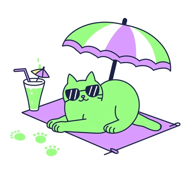A cat is lounging comfortably on a beach towel placed on the sand. It has a relaxed posture, with one paw draped lazily over the edge of the towel. Above the cat, a beach umbrella provides shade, with its fabric stretched taut against the sun. The cat is wearing sunglasses that reflect a playful sparkle, resting gently on its nose. Next to the cat, there is a tropical drink with a small umbrella and a colorful garnish, sitting in a bright cup. The beach scene includes footprints in the sand leading to the water's edge in the background.