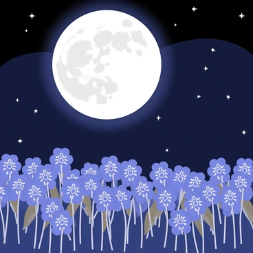 A moonlit night scene featuring a large, round moon casting silver light over a field of bluebonnets. The bluebonnets are depicted with bright blue petals that softly glow in the moonlight. The background shows a clear sky filled with scattered stars. The overall atmosphere is calm and peaceful, with gentle shadows created by the moonlight on the ground.