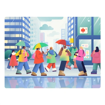 A rainy day in a bustling city is depicted on a 30x20 board. The scene shows a variety of people walking along a sidewalk, each holding colorful umbrellas. Men and women of different ethnicities are dressed in raincoats and rubber boots, some with bags slung over their shoulders. There are reflections of the umbrellas and buildings in puddles on the ground. Tall buildings with glass windows and neon signs surround the area, partially obscured by the falling rain. Dark clouds fill the sky, and raindrops can be seen falling in the foreground, enhancing the atmosphere of the rainy day.