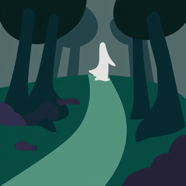A narrow, winding path is visible in a dimly lit forest. Tall trees with thick trunks and dark leaves tower on either side of the path. Soft shadows play across the ground, creating an atmosphere of mystery. Ethereal, ghostly figures can be seen faintly through the gaps between the trees. These figures have translucent forms and are partially obscured by the foliage, adding an element of intrigue to the scene. The overall color palette consists of deep greens and muted grays, enhancing the sense of enchantment in the forest.
