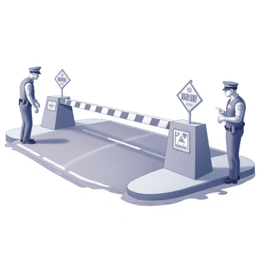 A flooded road is obstructed by a sturdy barricade. The barricade is marked with several prominent "WARNING" signs indicating the danger ahead. Police officers are present, wearing uniforms and directing traffic with hand gestures, ensuring that vehicles are safely diverted away from the flooded area. The surrounding environment shows water pooling along the sides of the road, with minimal visibility due to the flood conditions.