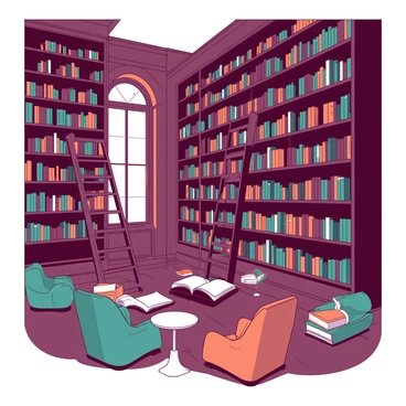 A grand library with towering bookshelves that stretch up towards the ceiling. The shelves are filled with numerous books in varying sizes and colors. Many of the books have a soft glow emanating from them, illuminating the surroundings with a warm light. The floor is made of polished dark wood, and there are scattered plush reading chairs in teal and orange throughout the library. A large ornate window allows natural light to filter in, casting gentle shadows between the rows of books. An intricate wooden ladder leans against one of the shelves, inviting exploration of the higher books.