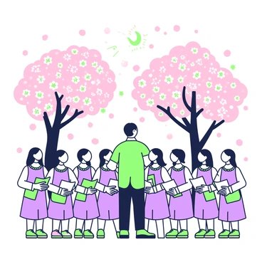 A choir of singers is gathered beneath cherry blossom trees that are in full bloom. The members are dressed in matching outfits, each holding a sheet of music. The trees above are laden with delicate pink flowers, creating a vibrant canopy. Sunlight filters through the branches, casting soft shadows on the ground. The choir is arranged in a semi-circle, with some members looking up towards the sky and others focusing on the conductor, who stands at the front. A gentle breeze causes the cherry blossoms to drift down like confetti around them.