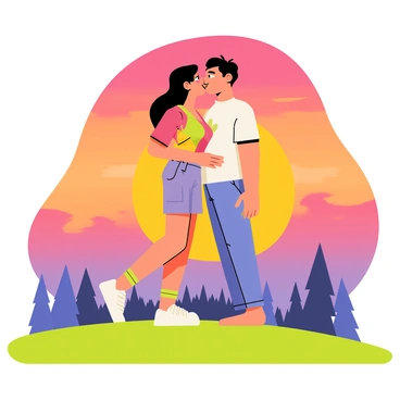 A couple standing on a grassy hilltop, sharing a kiss. The couple has oversized, expressive features typical of cartoon characters. The woman has long flowing hair and is wearing a colorful dress, while the man has short hair and is in a casual shirt and pants. Behind them, a vibrant sunset fills the sky with shades of orange, pink, and purple, casting a warm glow over the scene. Silhouetted trees can be seen in the distance, enhancing the romantic atmosphere. The couple is framed by the beautiful colors of the sunset, creating a picturesque moment.