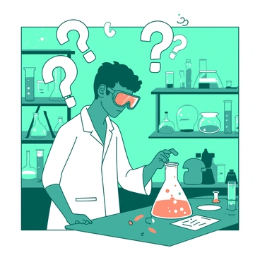 A teal scientist wearing a white lab coat and safety goggles stands in a laboratory filled with various equipment. The scientist is peering closely at a bubbling flask on a workbench, filled with a vibrant orange liquid. Around the scientist's head, several large question marks are floating in the air, emphasizing the confusion or curiosity regarding the experiment. The lab is filled with shelves stocked with glass containers and scientific instruments, creating a bustling atmosphere of discovery.