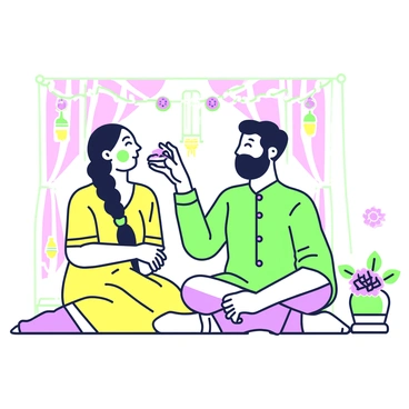 A couple is sitting on the floor of a decorated room, adorned with colorful fabrics and traditional decorations. They are playfully applying haldi to each other's faces. The woman has long hair tied back in a braid and is wearing a yellow traditional outfit, while the man is in a matching kurta. Both are making funny faces, their expressions exaggerated and filled with laughter. The woman holds a small bowl of haldi in one hand, while the man playfully smears some haldi on her cheek with his fingers. In the background, there are decorative items like marigold flowers and small lamps that add to the festive atmosphere. The couple's joy and playful interaction are captured in this lively scene.