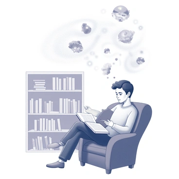 A person sitting comfortably in a cozy armchair, deeply engrossed in a book. The book is open in their lap, with pages slightly fluttering as if a breeze is passing through. The person's facial expression shows concentration and wonder. Above their head, swirling patterns and shapes emerge, representing imagination, with various objects and scenes intermingling within the swirls. The background features a simple bookshelf filled with neatly arranged books and a soft, inviting atmosphere.
