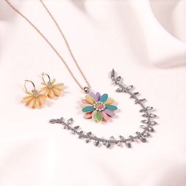 A collection of intricately designed jewelry pieces inspired by flowers. There are gold earrings shaped like delicate petals with tiny diamond accents. A matching necklace features a large floral pendant encrusted with vibrant gemstones, resembling a blossoming flower. A silver bracelet showcases intertwining vines and small leaf charms. The pieces are arranged on a soft, textured fabric background, highlighting the intricate details and colors of each jewelry item.