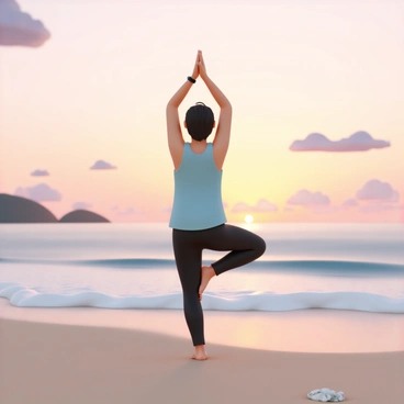 A person, wearing a light blue tank top and black yoga pants, is practicing yoga on a sandy beach at sunrise. The individual is in a standing position, arms raised and palms together above their head, facing the ocean. The waves are gently lapping at the shore, and the sky is filled with warm hues of orange, pink, and purple as the sun begins to rise on the horizon. The beach is empty, with a few scattered seashells in the sand, and the air appears calm and tranquil.