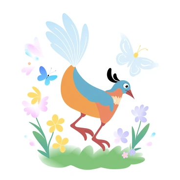 A young lyrebird is playfully chasing colorful butterflies in a sunny meadow. The lyrebird has vibrant plumage with long, elegant tail feathers displaying intricate patterns. The butterflies flutter around it, showcasing a variety of bright colors and delicate wings. The meadow is filled with lush green grass and scattered wildflowers in shades of yellow, pink, and purple. The sunlight casts a warm glow over the scene, highlighting the joyful interaction between the lyrebird and the butterflies.