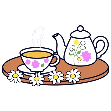 A delicate teacup with intricate floral patterns sits on a smooth wooden table. The teacup is filled with steaming chamomile tea. Surrounding the teacup are several fresh chamomile flowers with white petals and yellow centers, arranged in a natural manner. Next to the teacup is a matching teapot, featuring the same floral designs as the teacup, with its lid slightly ajar. The wooden table has a warm, rich texture that complements the scene.