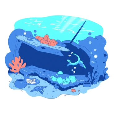 A blue fish with vibrant scales is swimming gracefully around a sunken shipwreck. The shipwreck is partially covered in orange coral and seaweed, creating a lively environment. Sunlight filters through the water above, casting shimmering patterns on the ship's weathered hull. The fish glides curiously around scattered artifacts, such as an old compass and broken pottery, resting on the sandy ocean floor. Bubbles rise as the fish ventures deeper into the shadowy interior of the ship, where more colorful marine life can be seen.