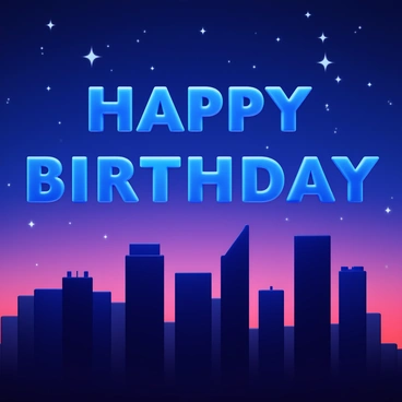 A city skyline at dusk with silhouetted buildings. The sky is a gradient of deep blue turning to purple, dotted with twinkling stars. The words "Happy Birthday" are formed by bright stars, clearly visible in the night sky. The city lights are beginning to glow, creating a warm ambiance below the darkening sky.
