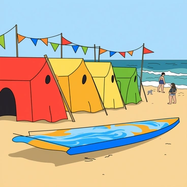 A vibrant surfboard displayed in the foreground, featuring a bright blue and orange design with wave patterns. The surfboard is propped up against a sandy area near the beach. In the background, there are colorful tents in various shapes and sizes, including red, yellow, and green. Brightly colored flags flutter above the tents, creating a festive atmosphere. Sunlight casts playful shadows on the sand, and a few beachgoers can be seen enjoying the festival nearby. The ocean is visible in the distance, with gentle waves lapping at the shore.